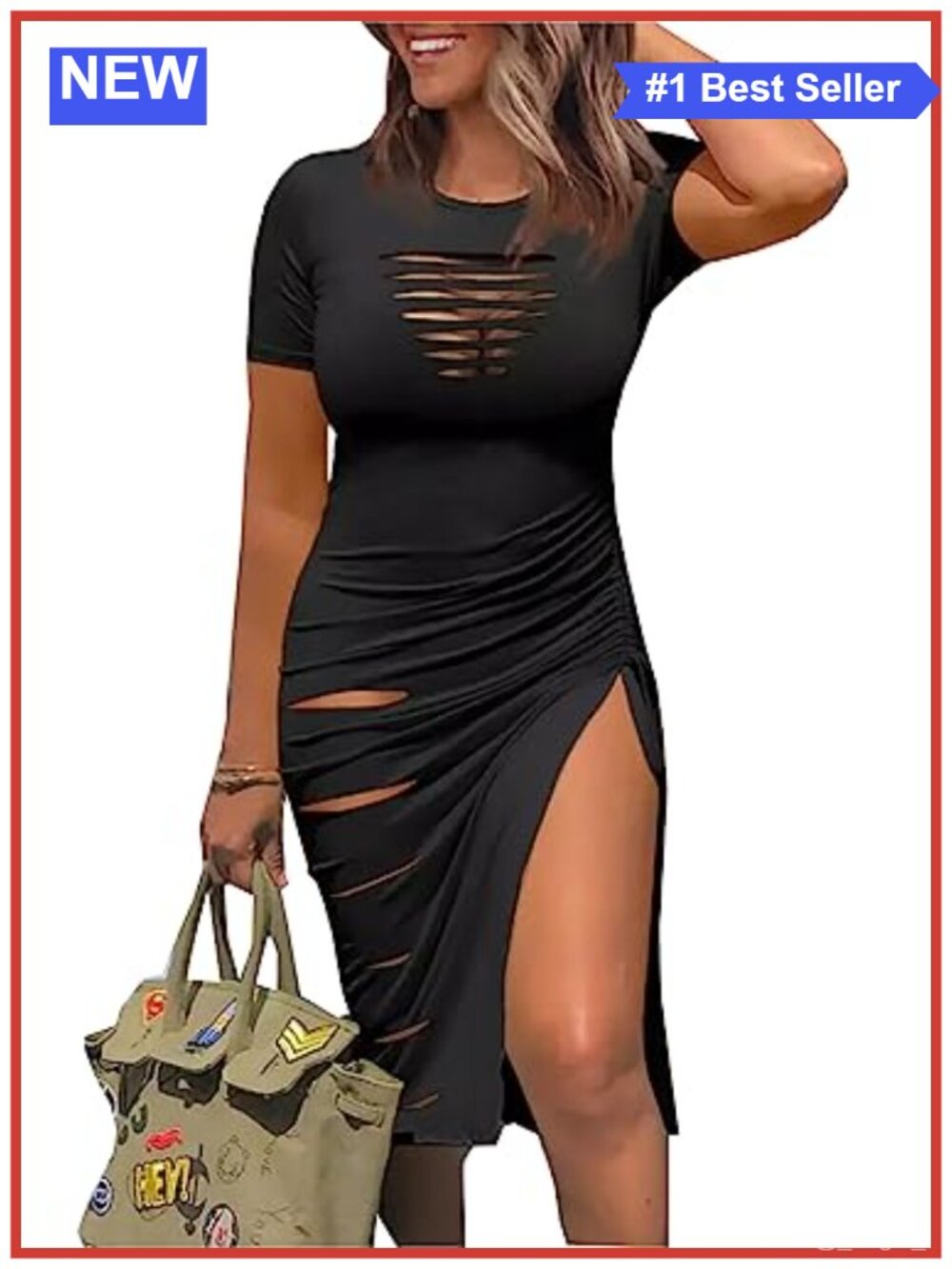 FECAFO Women's Cut Out Ruched Bodycon Midi Dress Short Sleeve Club Party